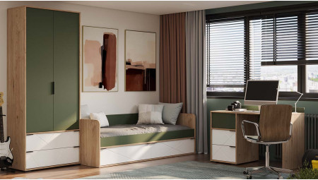 Набор детской мебели «Лео» стандартный Гикори джексон/Белый матовый/Дымчатый зеленый